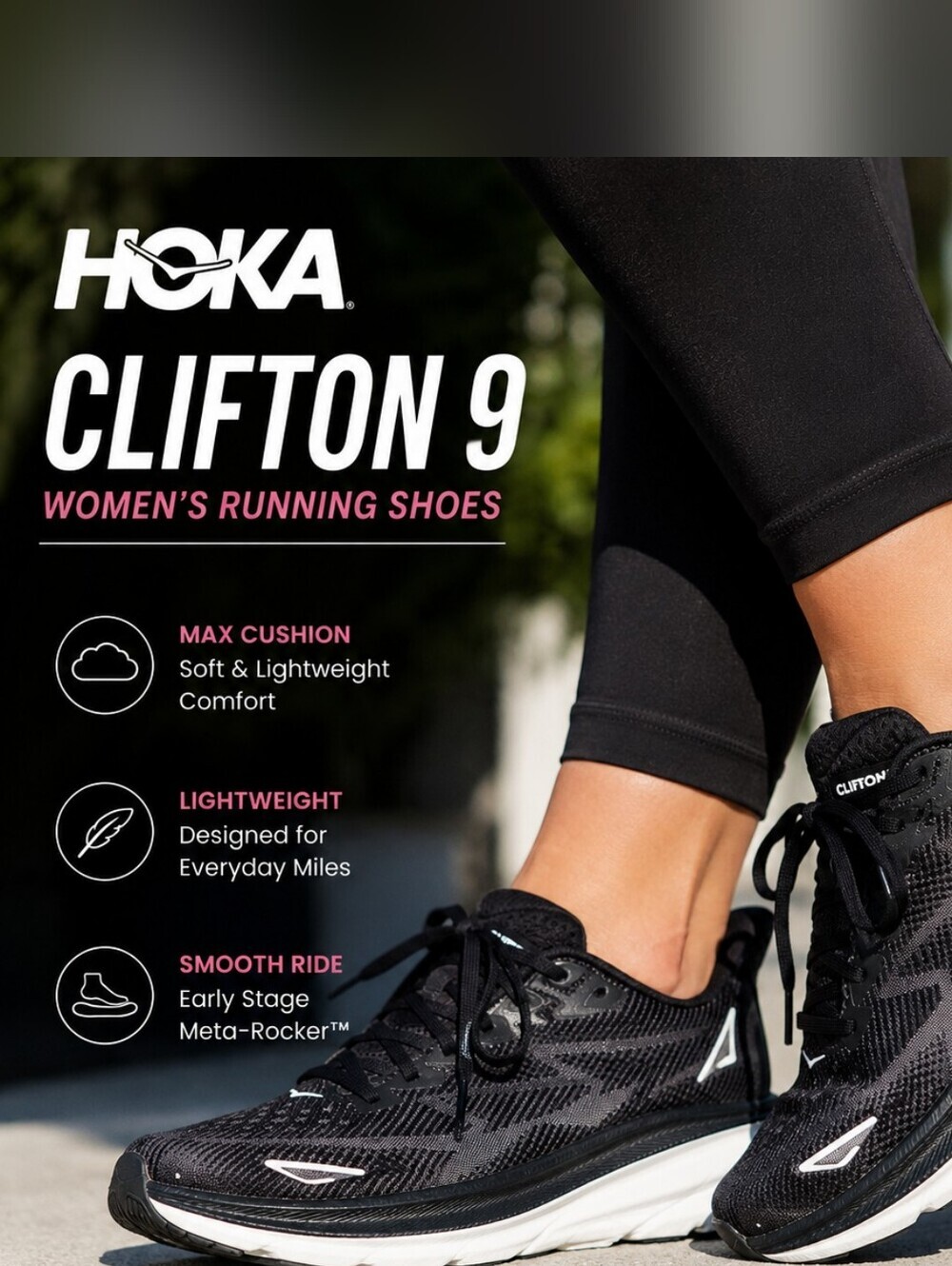 Hoka Clifton 9 Women's Running Shoes Black White Size 8.5B Athletic Sneakers.